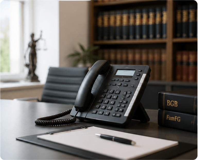 Moderner Kanzleiarbeitsplatz mit Telefon und Rechtsliteratur